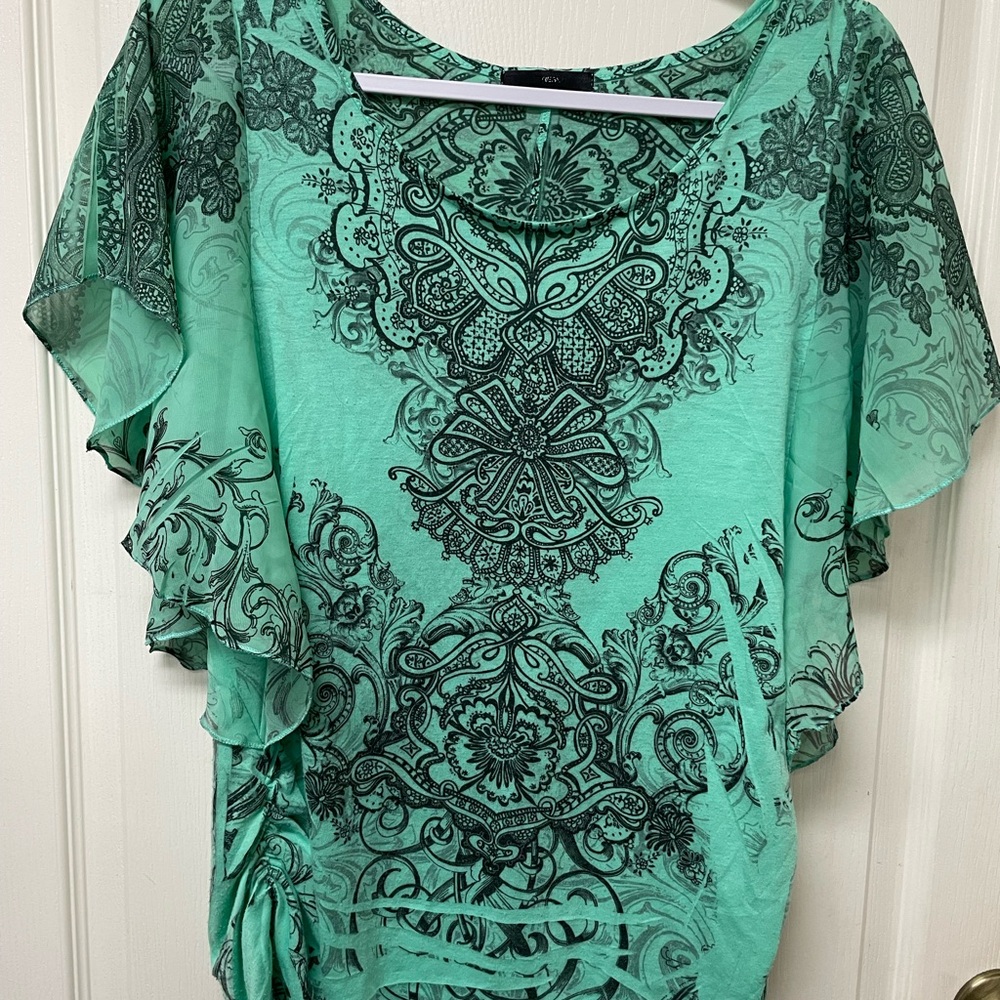 Espresso Teal and Black Patterned Blouse